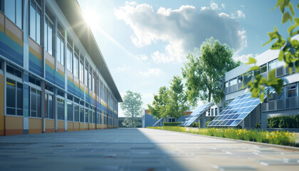 Obraz premium Solar Panels in Modern School Courtyard with Copy Space