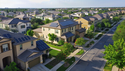 Modern Suburban Homes with Solar Panels and Green Lawns