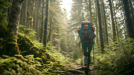 Fototapeta premium Hiking adventure through lush forest. Explore the beauty of nature with this captivating image of a hiker navigating a lush forest path.