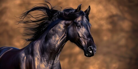 Majestic Belgian Draft Horse with flowing mane in front of a brown background. Concept Majestic Animals, Equine Beauty, Dramatic Mane, Nature Photography, Brown Background