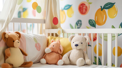Warm and Welcoming Nursery Room Featuring Watercolor Fruit Art and Plush Toys