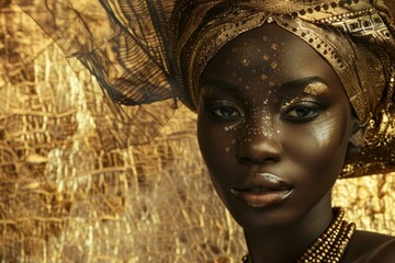 Stunning portrait of an african woman with traditional headdress and shimmering gold makeup