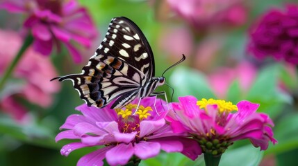 Obraz premium Tropical butterflies rest on a purple Zinnia flower a type of insect that alights on flowers to feed on nectar