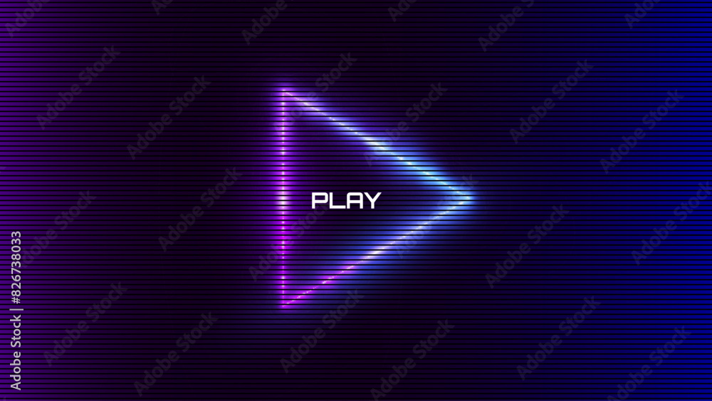 Aufkleber banner with neon glow triangle play icon. design for banners, web pages, presentations. vector illus