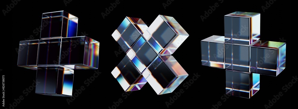 Poster Glass Crystal Plus Symbols Icon With Colorful Gradient Refraction Effect Isolated on Black Background. 3D Rendering Transparent Glass Illustration For Math Education or Hospital Design.