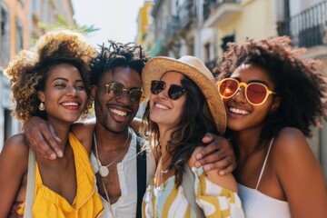 A group of four young women are smiling and hugging each other on a sunny day