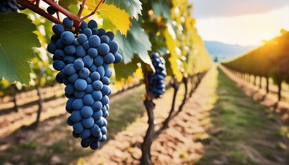 Close-up of a blue grape hanging in a vineyard.