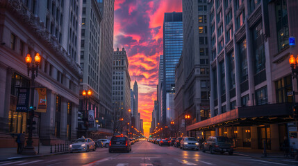 Spectacular Sunset in Downtown Chicago, IL