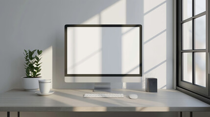 Blank Screen Desktop Computer Mockup on a Minimalist Office Desk Setup