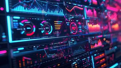 Obraz premium High-Tech Data Dashboard with Colorful Graphs and Charts