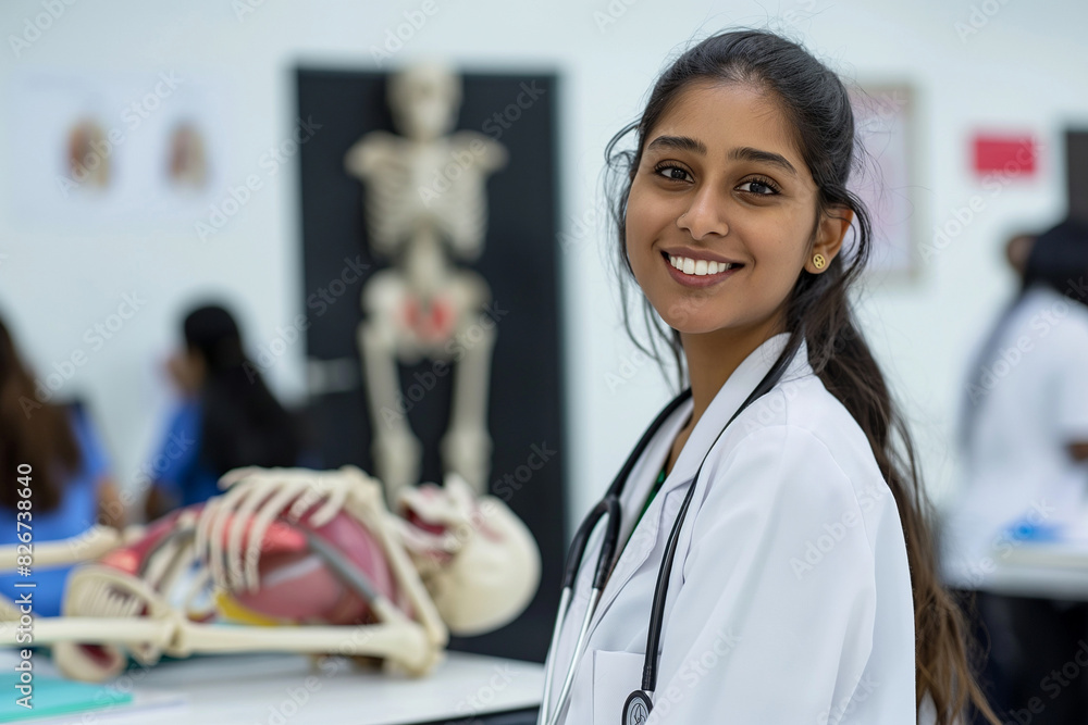 Sticker A woman in a white lab coat stands in front of a wall of anatomical drawings. Indian doctor, nurse and medical student. College and university