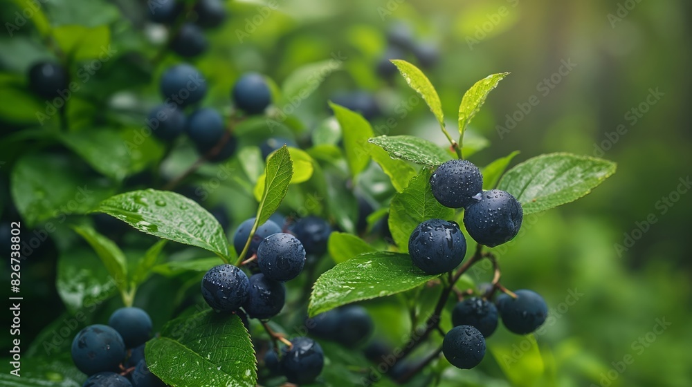 Poster huckleberry bush close up with visible texture and forest background space for text on right