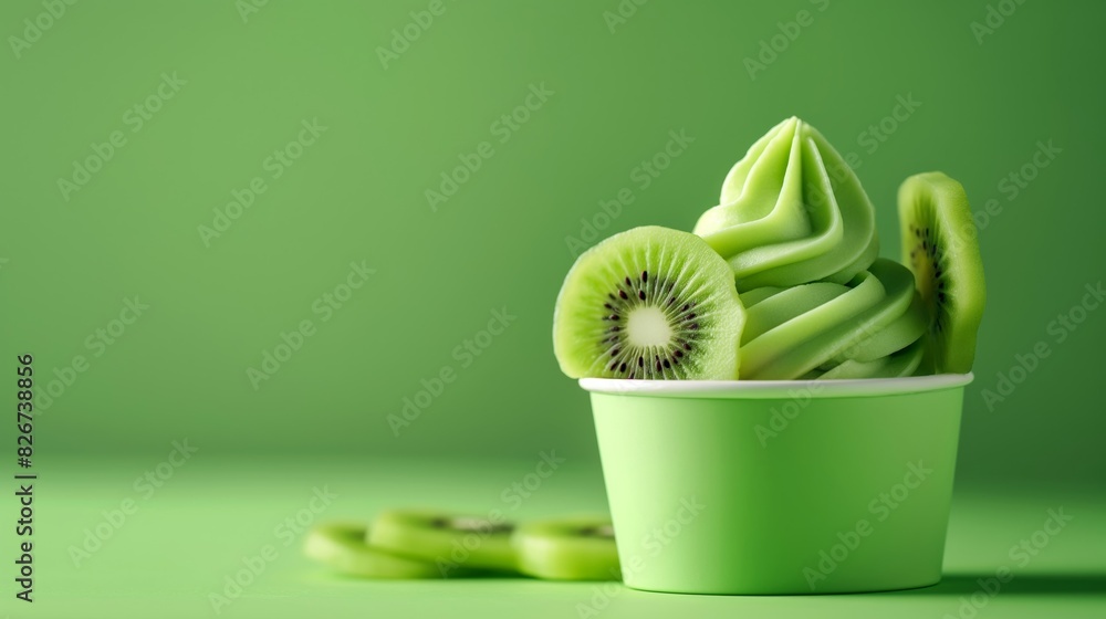 Poster kiwi sliced frozen yogurt isolated on gradient background from green to white with copy space