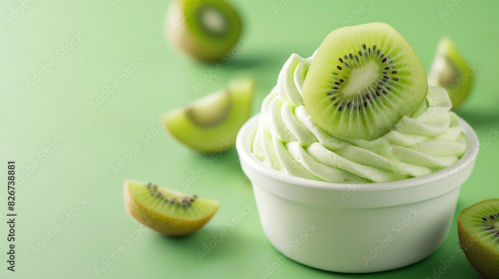 Poster kiwi sliced frozen yogurt isolated on gradient background with copy space