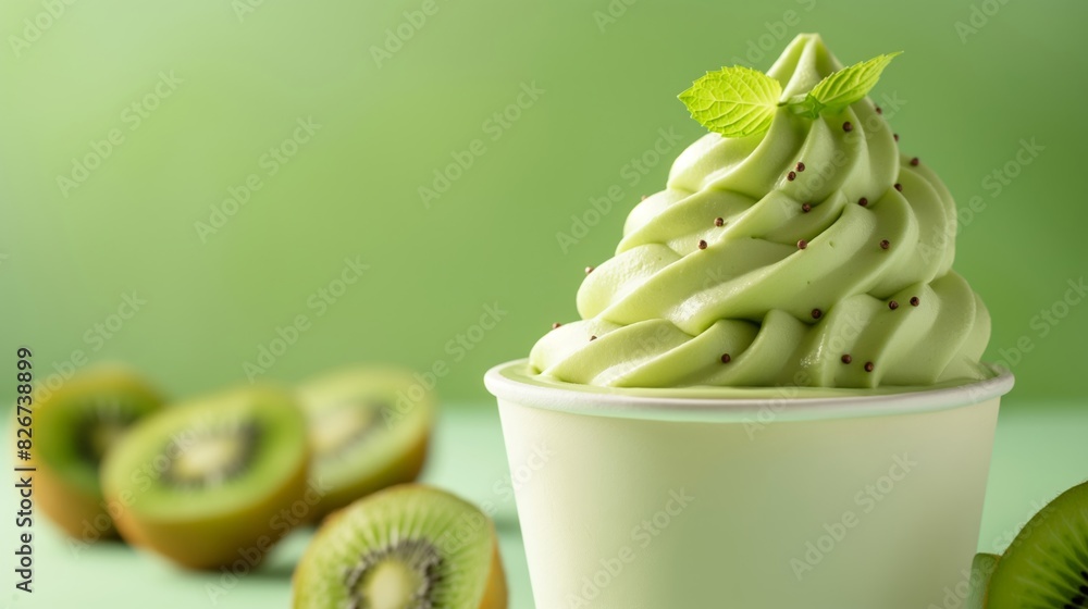 Poster kiwi topped frozen yogurt isolated on a gradient background from green to white with copy space