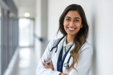 A woman in a white coat is smiling and posing for a picture. Indian doctor, nurse and medical student. College and university