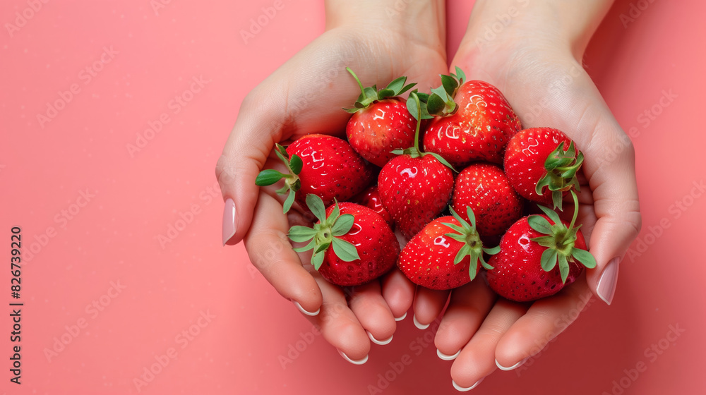 Sticker Palms Cradling Fresh Strawberries Against a Soft Pink Gradient Backdrop