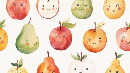 Delightful Nursery Illustrations of Smiling Watercolor Fruits Including Apples, Pears, and Peaches