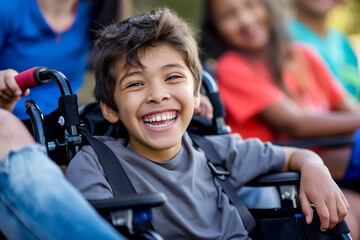 Obraz premium A boy in a wheelchair is smiling and laughing with two other children. Outdoors with friends