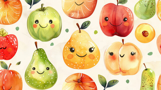 Cheerful Fruit Characters, Apples, Pears, and Peaches in Watercolor Nursery Art Style