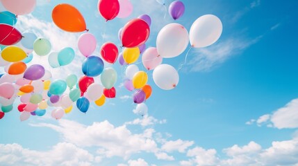 Naklejka premium Colorful Balloons Floating Into The Sky On A Bright And Cheerful Day. Generative AI