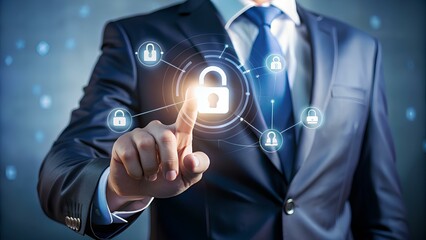 Obraz premium Person Hand Touching Lock Icon on Virtual Screen, Technology Security Background, Man In Future technology, Virtual Screen, Virtual Reality. 