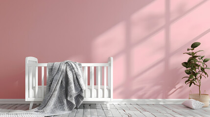 Realistic Mockup of Grey Blanket on White Baby Crib
