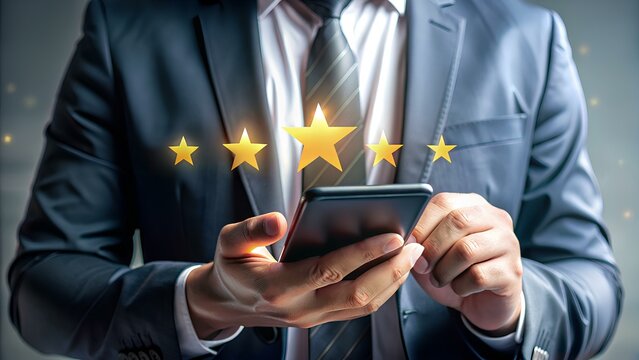 Business Man Gives Five-Star Rating on Mobile Display