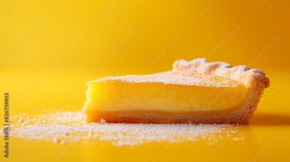 Poster sliced lemon tart with dusting of powdered sugar on a yellow gradient backdrop with copy space