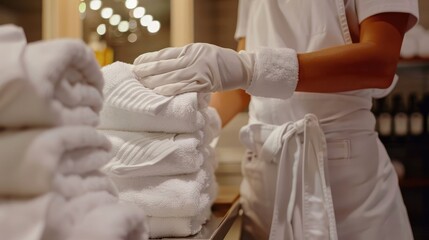 Neat presentation Close up of hotel maid arranging fresh towels - Powered by Adobe