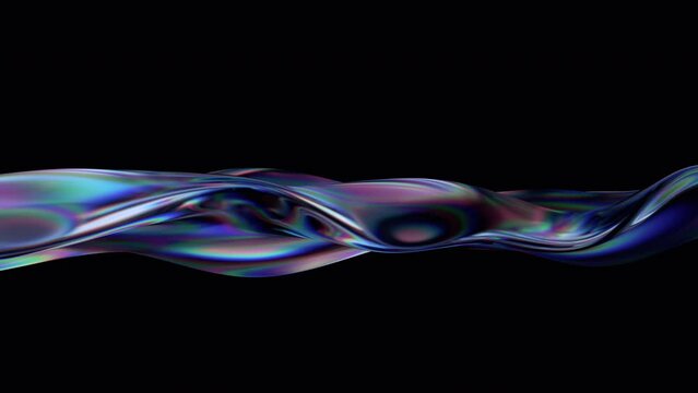 Abstract animation, iridescent wavy shape on black background, 4k looping video, 3d render