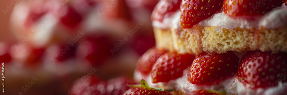 Poster close up view of strawberry shortcake layers emphasizing texture details