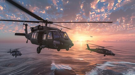 Military helicopters named Black Hawk are depicted in a three dimensional rendering as they soar above the endless ocean during sunrise