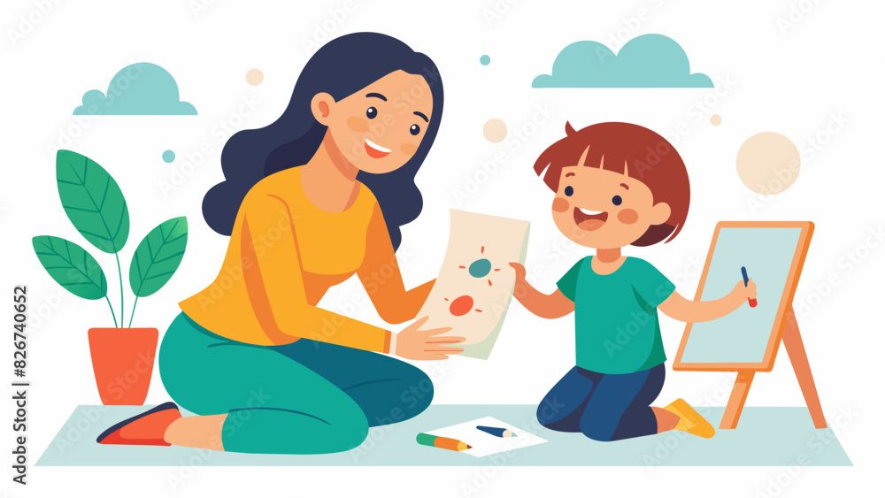 Poster a mother and her daughter giggling while playing a game of pictionary their drawings becoming increa