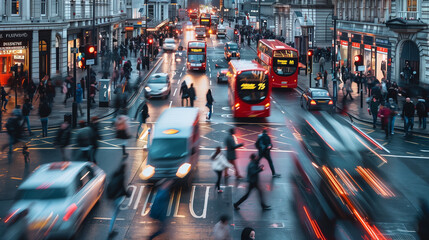 Obraz premium City of London Busy Street Scene: People Crossing Road, Cars, Buses