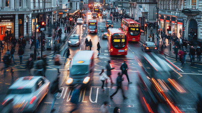 City of London Busy Street Scene: People Crossing Road, Cars, Buses