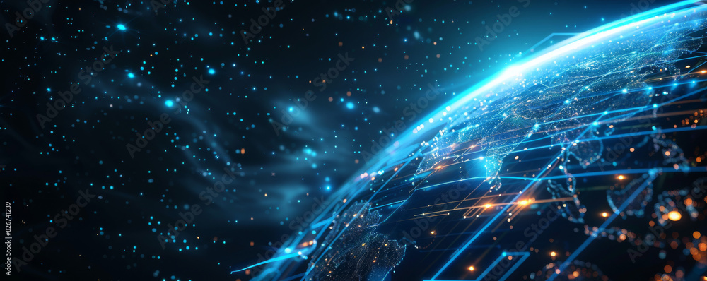 Poster abstract background of digital data flow, futuristic technology and big planet. big data concept wit
