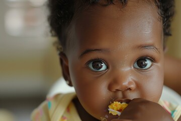Adorable cherubic infant with big expressive eyes enjoying a healthy mealtime in a high chair, making eye contact and displaying innocent curiosity while eating