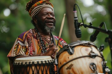 African musician in cultural attire plays rhythmic patterns on authentic drums