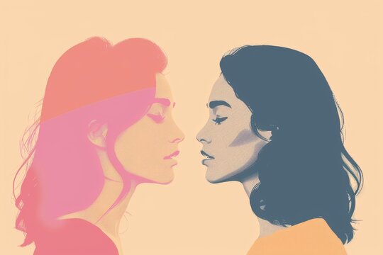Lesbian couple kissing. Female couple in love. Pop art style. Pride Month, Pride Day. Pride girls love concept. Diversity, freedom and pride LGBT people. Illustration for banner, poster, postcard