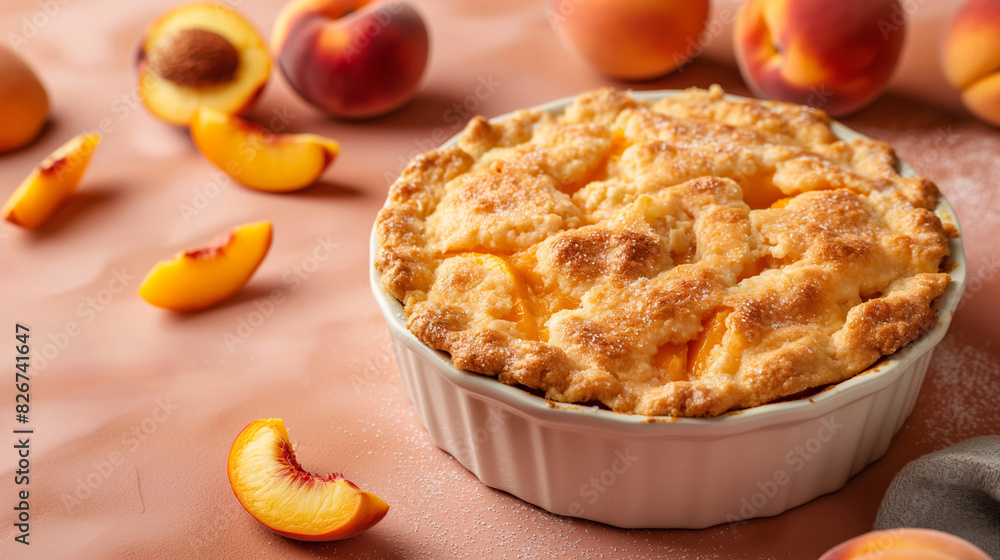 Poster warm peach cobbler serve isolated on gradient orange background with copy space
