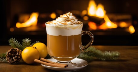 cappuccino fireplace, hot drink cinnamon, Cocoa Christmas decorations, festive New Year's Eve with a hot drink and cinnamon sticks in front of the fireplace