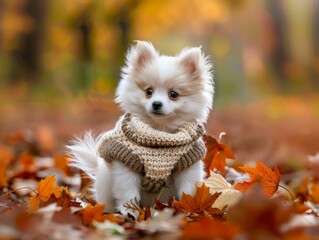 Pomeranian Spitz Puppy Wearing a Sweater in Autumn Leaves