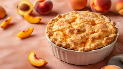 Warm Peach Cobbler Serve Isolated on Gradient Orange Background with Copy Space