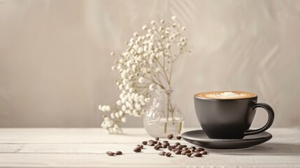 A cup of coffee with aromatic latte, next to which are scattered coffee beans on a white table.