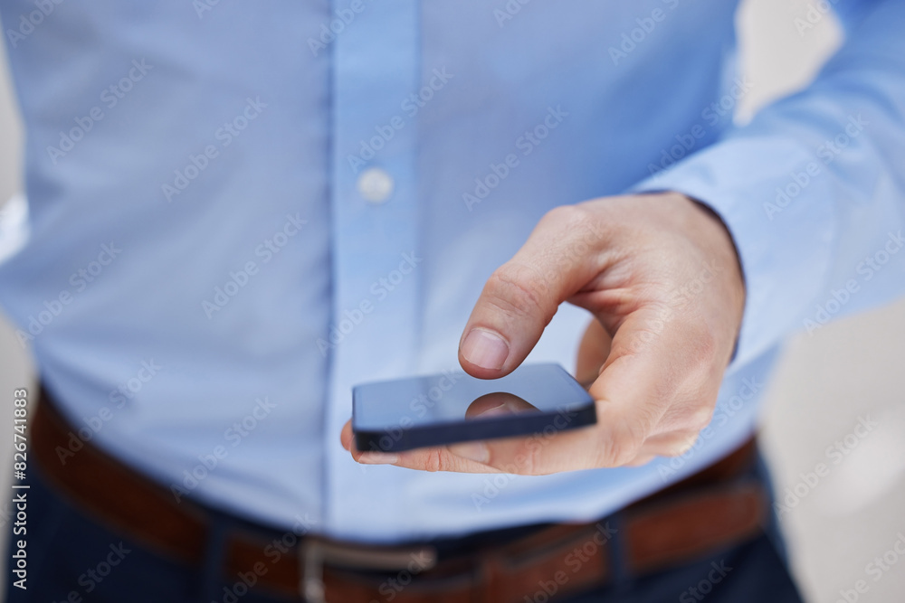 Poster Hand, phone and search with business man closeup in office for communication or networking. App, internet and social media with professional employee typing on mobile in workplace for text message