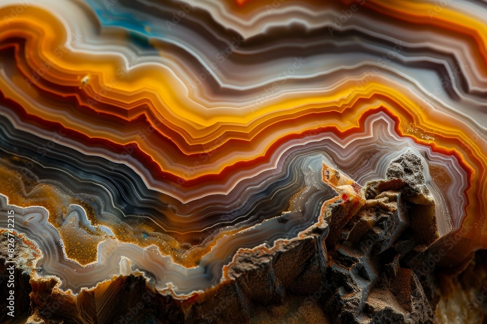 Poster closeup of colorful banded agate stone detailing its intricate layered patterns