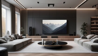 modern living room TV wall, sofa and coffee table, high-end audio sound system created with generative ai	
