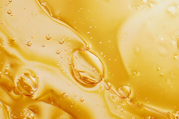 Photo of A closeup shot of a few oil bubbles in yellow oil liquid, solid color background, with light beige and amber hues