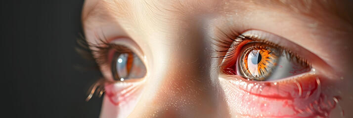 red eye of a patient with human conjunctivitis, ill allergic eyes in babies, children